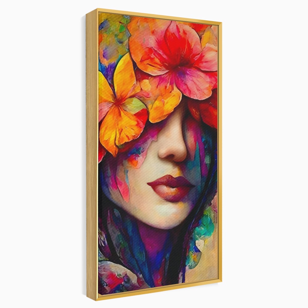 Tablou canvas cu tablou canvas cu portret feminin si flori, in rama de aluminiu auriu